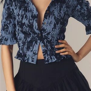 Maeve by Anthropologie Smocked Ruffle Button Blouse Top Sz Small (Runs Small)